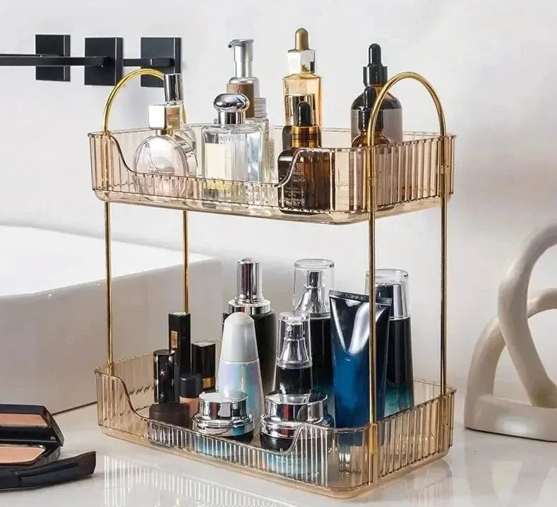 1 PCs Sotrage Shelf Stylish Desk Organizer with Rack, Holder, and Display Shelf for Skincare, Perfume, and Dresser Items Design & Casa Gold Bilayer