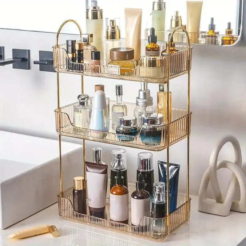 1 PCs Sotrage Shelf Stylish Desk Organizer with Rack, Holder, and Display Shelf for Skincare, Perfume, and Dresser Items Design & Casa Gold Three Layers