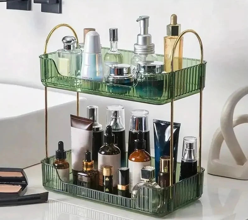 1 PCs Sotrage Shelf Stylish Desk Organizer with Rack, Holder, and Display Shelf for Skincare, Perfume, and Dresser Items Design & Casa Green Bilayer