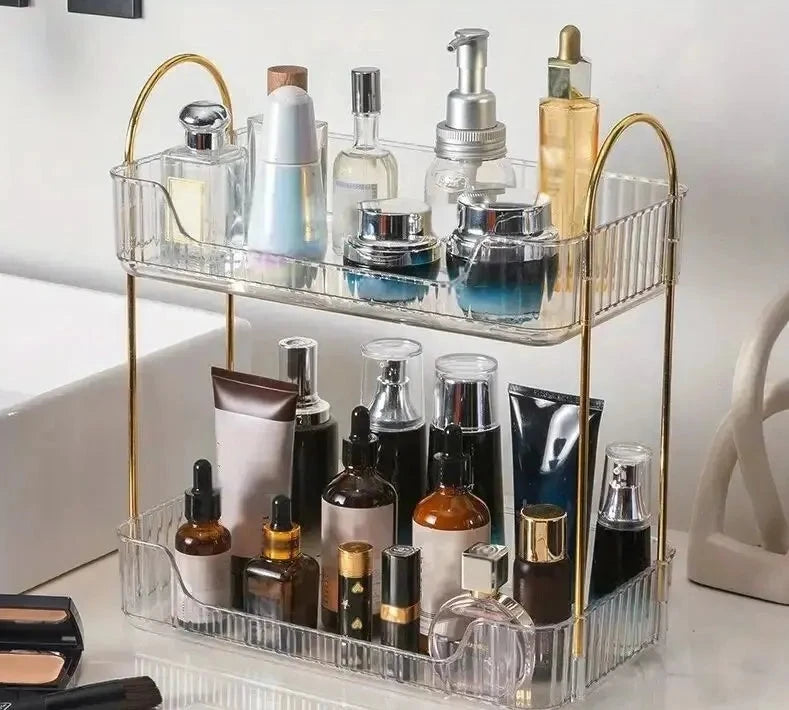 1 PCs Sotrage Shelf Stylish Desk Organizer with Rack, Holder, and Display Shelf for Skincare, Perfume, and Dresser Items Design & Casa Transparent Bilayer 1