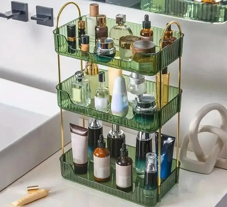 1 PCs Sotrage Shelf Stylish Desk Organizer with Rack, Holder, and Display Shelf for Skincare, Perfume, and Dresser Items Design & Casa Transparent Bilayer