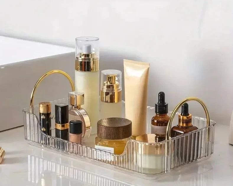 1 PCs Sotrage Shelf Stylish Desk Organizer with Rack, Holder, and Display Shelf for Skincare, Perfume, and Dresser Items Design & Casa Transparent One