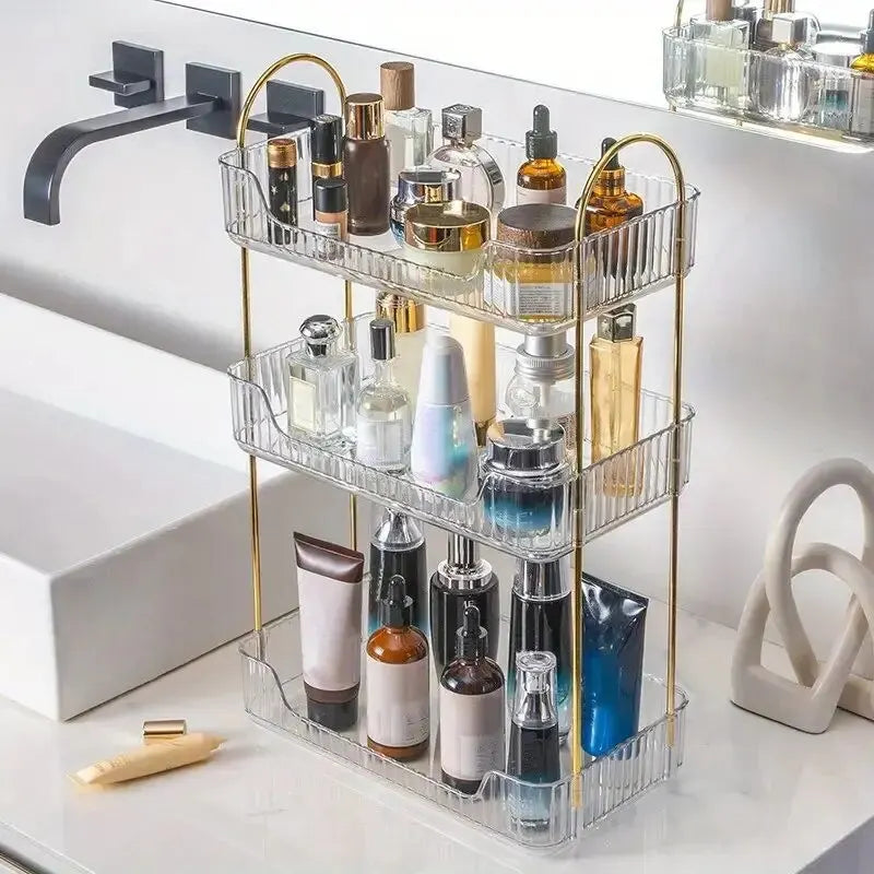 1 PCs Sotrage Shelf Stylish Desk Organizer with Rack, Holder, and Display Shelf for Skincare, Perfume, and Dresser Items Design & Casa Transparent Three