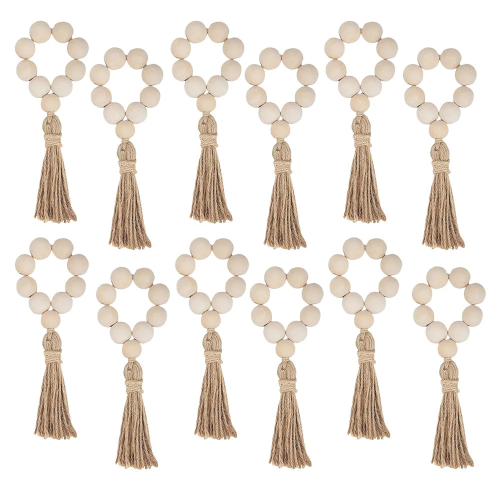 1/12PCS Wood Bead Napkin Rings Garland With Tassels Farmhouse Beads Rustic Country Table Napkin Holder Weddings Home Boho Decor Design & Casa 12PCS