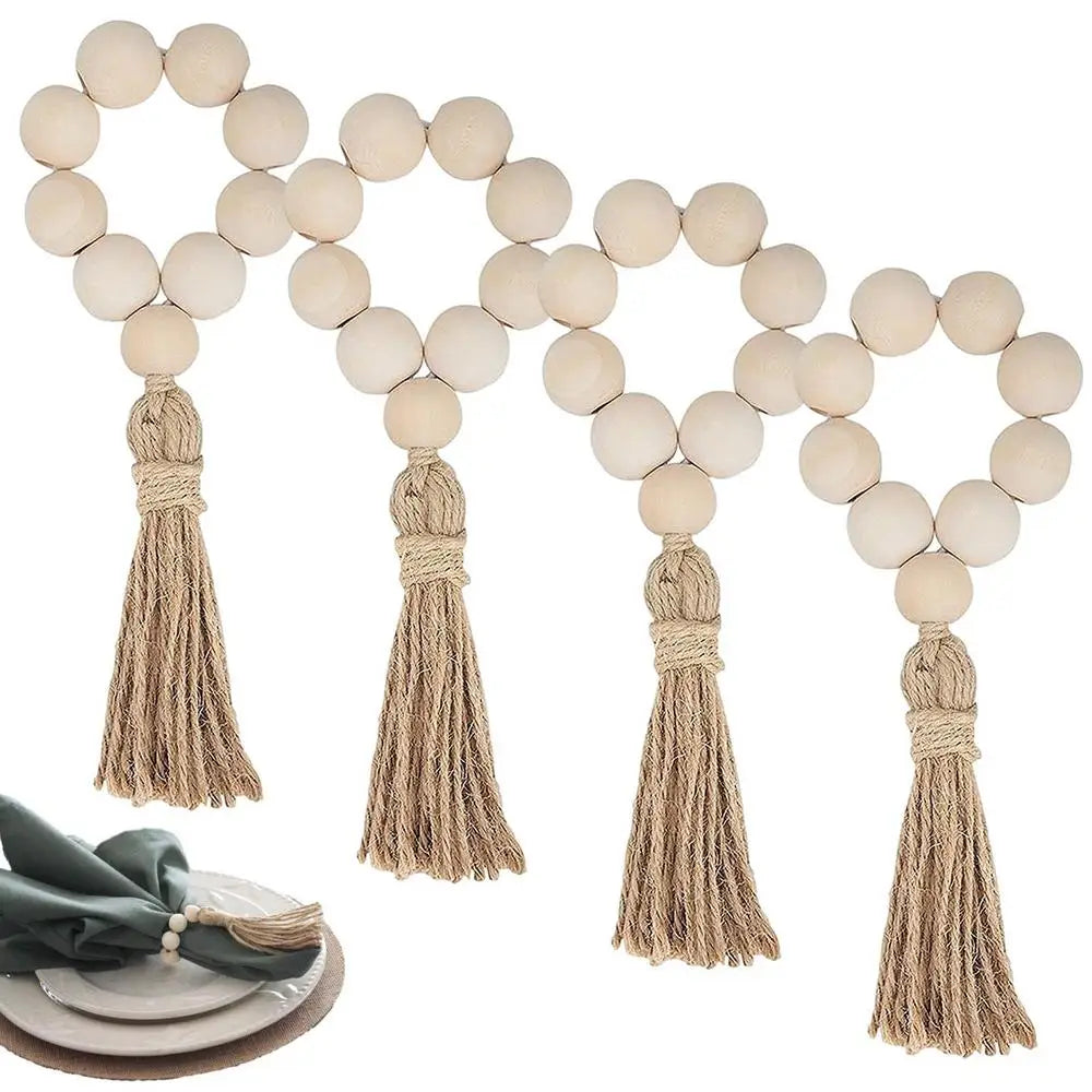 1/12PCS Wood Bead Napkin Rings Garland With Tassels Farmhouse Beads Rustic Country Table Napkin Holder Weddings Home Boho Decor Design & Casa
