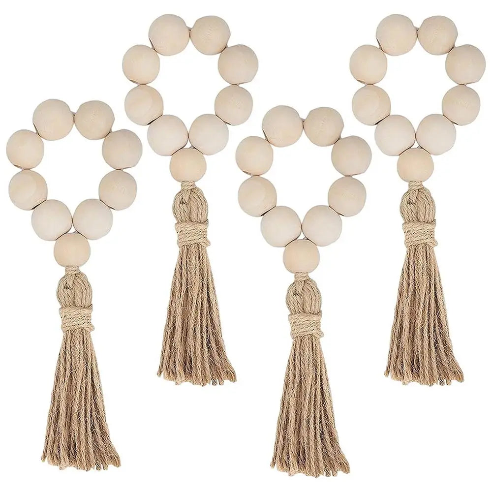 1/12PCS Wood Bead Napkin Rings Garland With Tassels Farmhouse Beads Rustic Country Table Napkin Holder Weddings Home Boho Decor Design & Casa 4PCS
