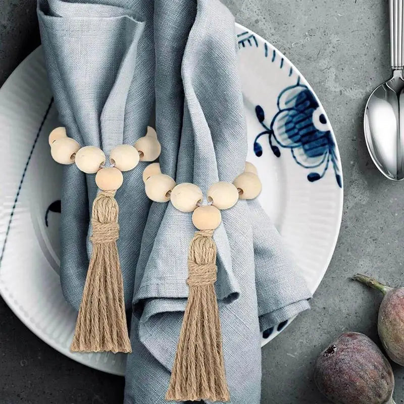 1/12PCS Wood Bead Napkin Rings Garland With Tassels Farmhouse Beads Rustic Country Table Napkin Holder Weddings Home Boho Decor Design & Casa