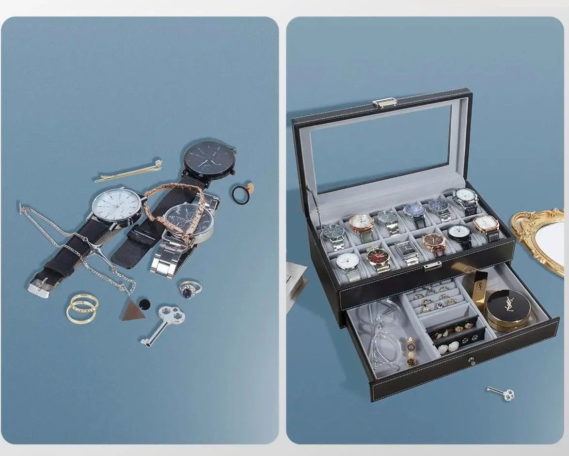 12 Slot PU Leather Lockable Watch Storage Boxes, Men & Women's Jewelry Display Drawer Case, 2-tier Organizer Watch Showcase Design & Casa