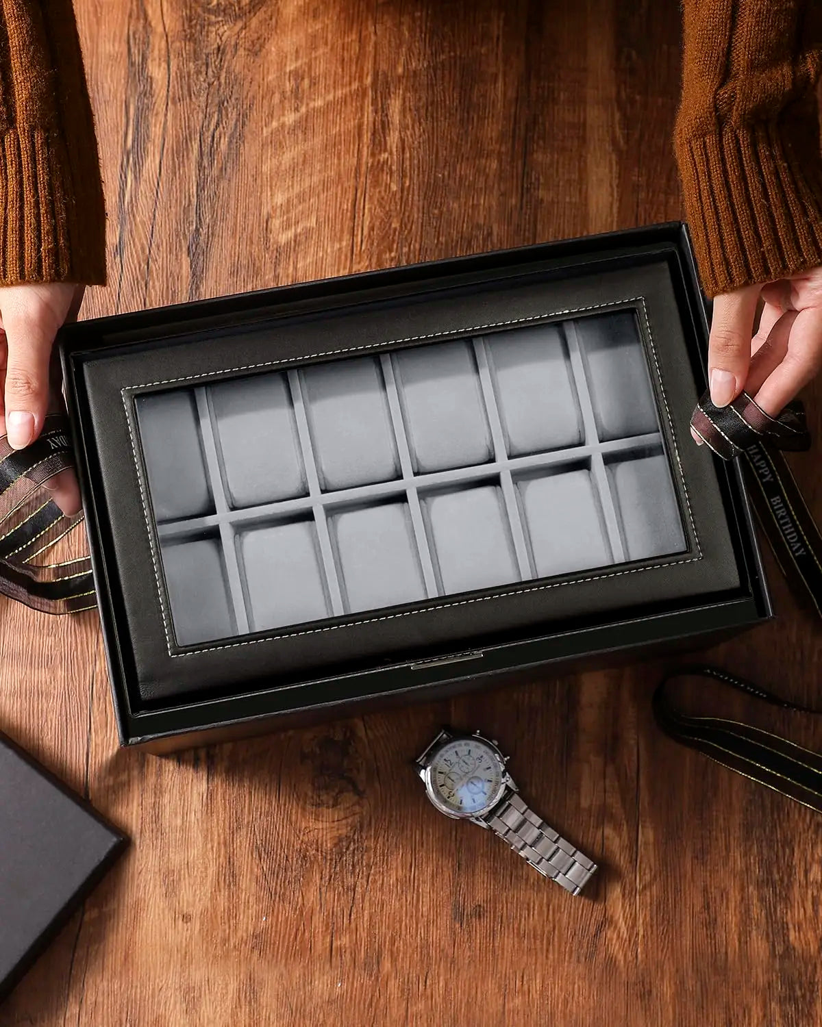 12 Slot PU Leather Lockable Watch Storage Boxes, Men & Women's Jewelry Display Drawer Case, 2-tier Organizer Watch Showcase Design & Casa