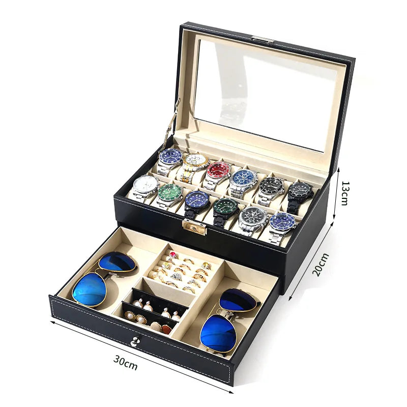 12 Slot PU Leather Lockable Watch Storage Boxes, Men & Women's Jewelry Display Drawer Case, 2-tier Organizer Watch Showcase Design & Casa Beige