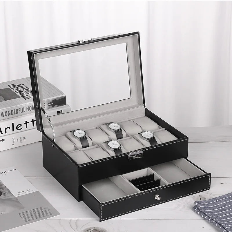 12 Slot PU Leather Lockable Watch Storage Boxes, Men & Women's Jewelry Display Drawer Case, 2-tier Organizer Watch Showcase Design & Casa Black