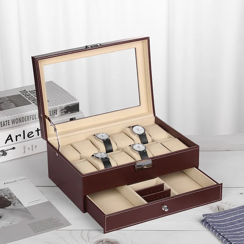 12 Slot PU Leather Lockable Watch Storage Boxes, Men & Women's Jewelry Display Drawer Case, 2-tier Organizer Watch Showcase Design & Casa Brown