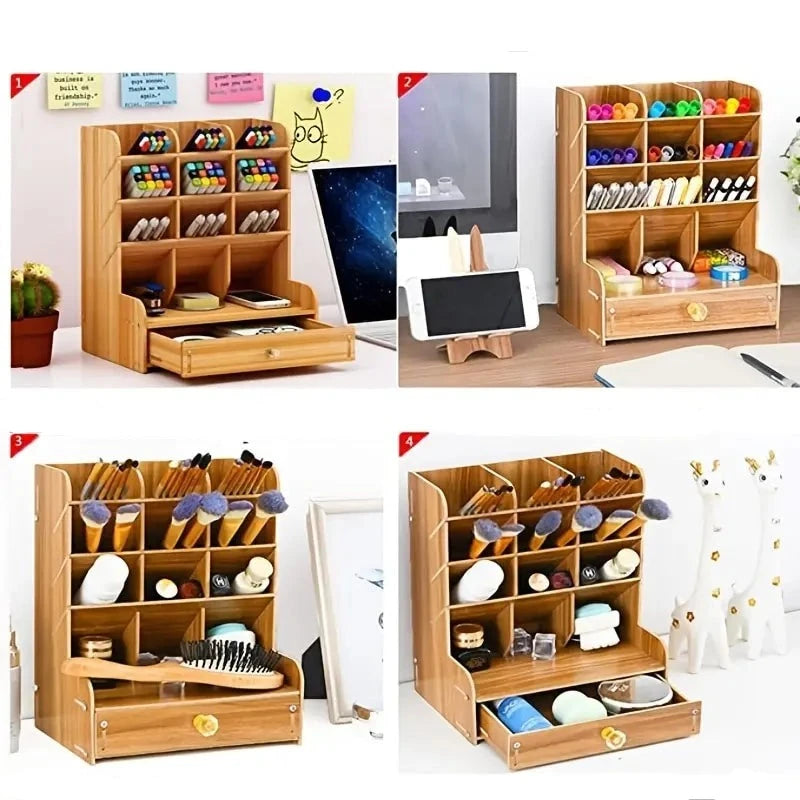1pc Wooden Desk Organizer Multi-Functional DIY Pen Holder Storage Box Desktop Stationary Storage Rack for Home Office and School Design & Casa