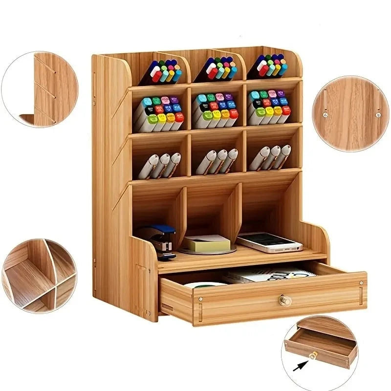 1pc Wooden Desk Organizer Multi-Functional DIY Pen Holder Storage Box Desktop Stationary Storage Rack for Home Office and School Design & Casa