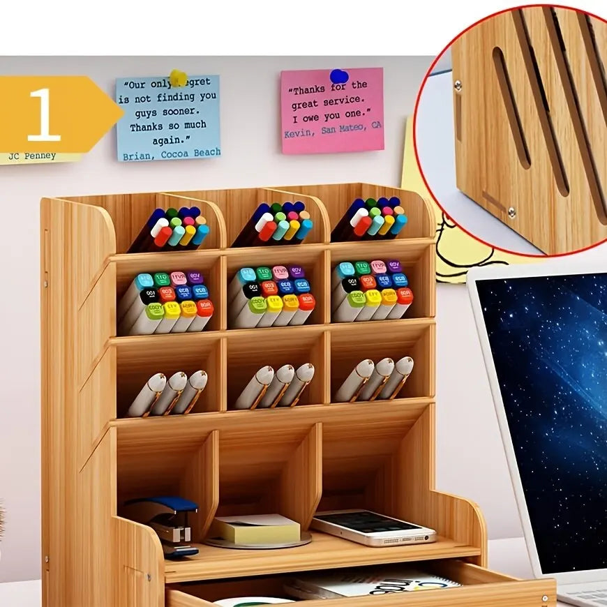 1pc Wooden Desk Organizer Multi-Functional DIY Pen Holder Storage Box Desktop Stationary Storage Rack for Home Office and School Design & Casa