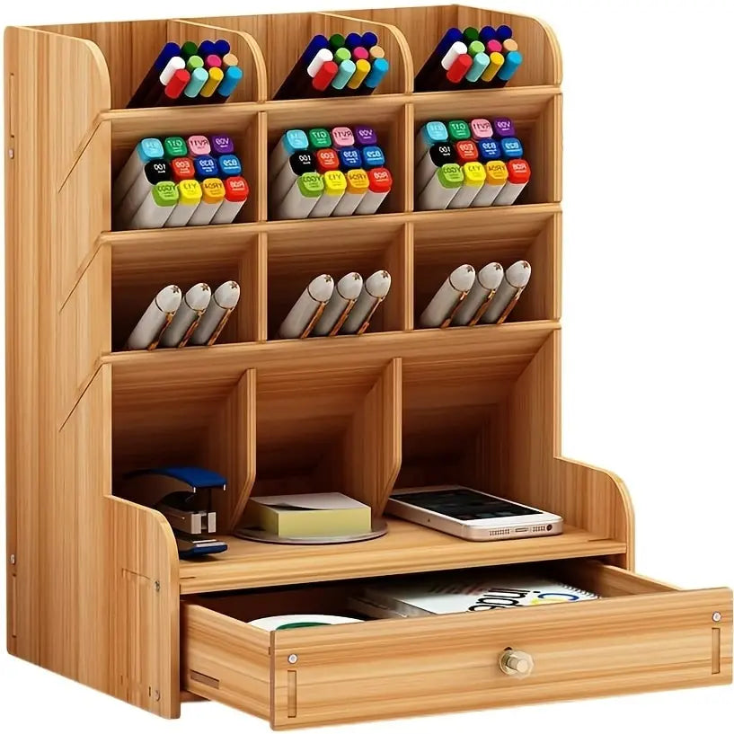 1pc Wooden Desk Organizer Multi-Functional DIY Pen Holder Storage Box Desktop Stationary Storage Rack for Home Office and School Design & Casa