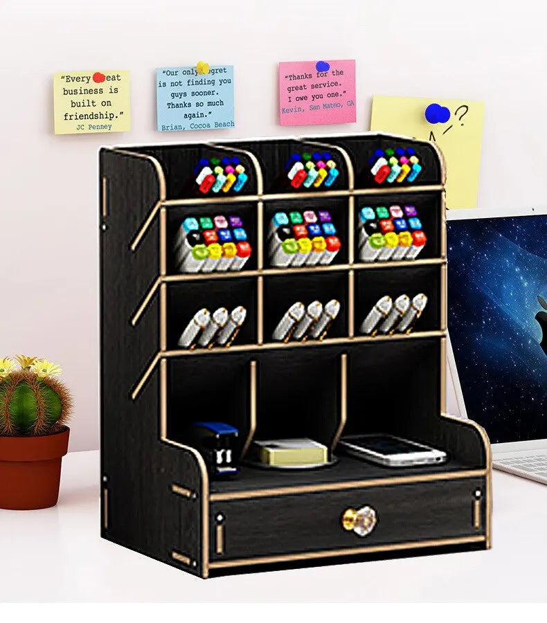 1pc Wooden Desk Organizer Multi-Functional DIY Pen Holder Storage Box Desktop Stationary Storage Rack for Home Office and School Design & Casa Black