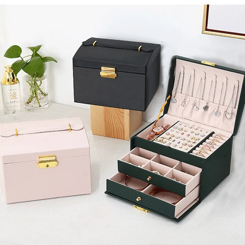 1pcs Multi Functional Three Layer Leather Drawer Style Jewelry Box Earrings Earrings Lock Jewelry Box Design & Casa