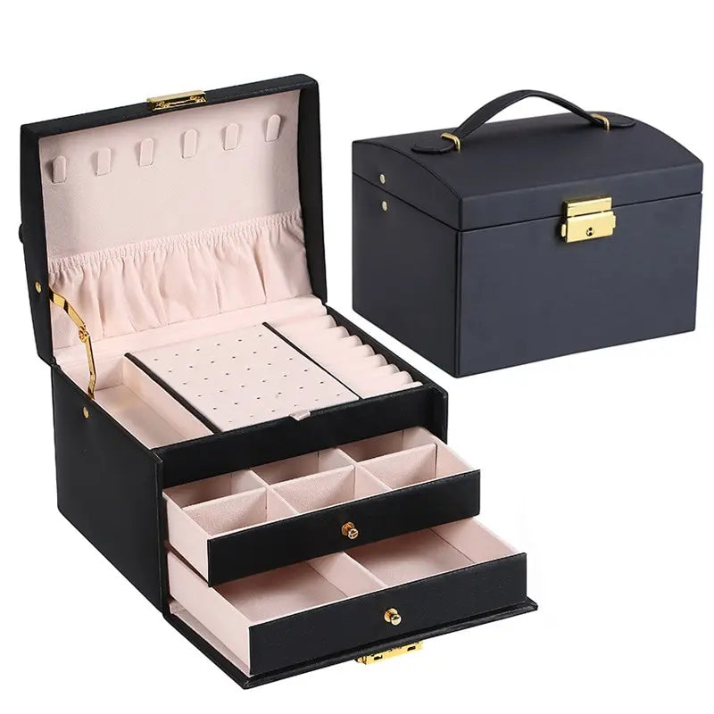 1pcs Multi Functional Three Layer Leather Drawer Style Jewelry Box Earrings Earrings Lock Jewelry Box Design & Casa Black