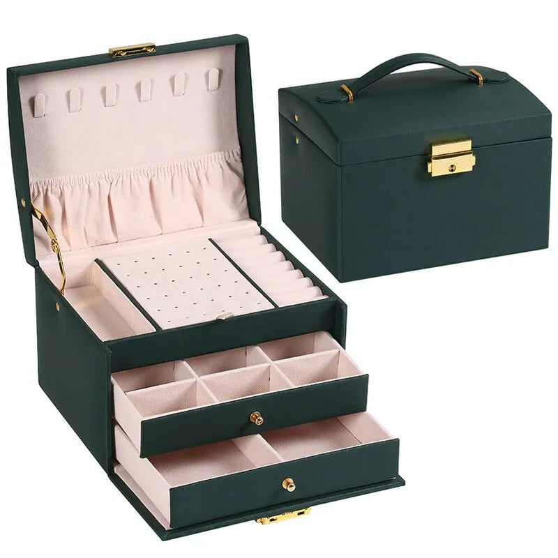 1pcs Multi Functional Three Layer Leather Drawer Style Jewelry Box Earrings Earrings Lock Jewelry Box Design & Casa Green