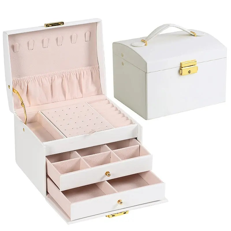 1pcs Multi Functional Three Layer Leather Drawer Style Jewelry Box Earrings Earrings Lock Jewelry Box Design & Casa White
