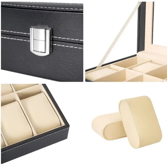 6 Slot PU Leather Watch Box Display Case Jewelry Organizer with Glass Top Design & Casa