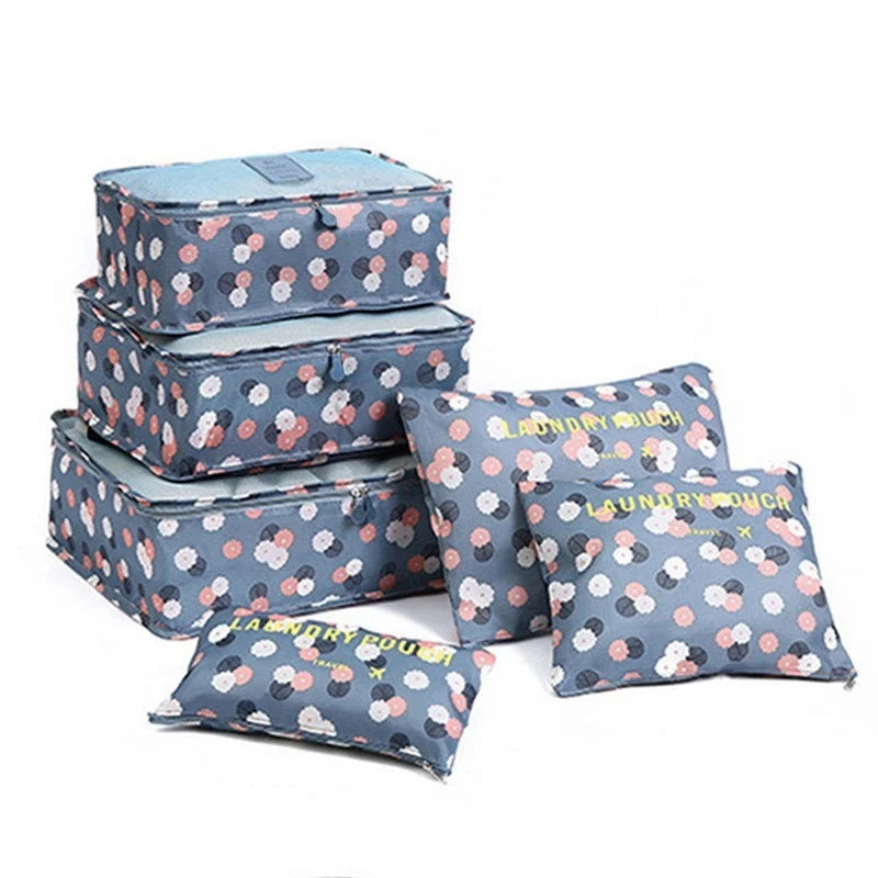 6pcs Travel Storage Organizer Bags Portable Travel Suitcase Organizer Bags For Women Clothes Shoes Makeup Bag Luggage Organizer Design & Casa L-Blue flowers