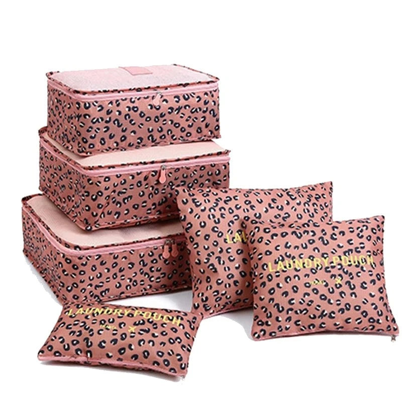 6pcs Travel Storage Organizer Bags Portable Travel Suitcase Organizer Bags For Women Clothes Shoes Makeup Bag Luggage Organizer Design & Casa L-Pink leopardprint