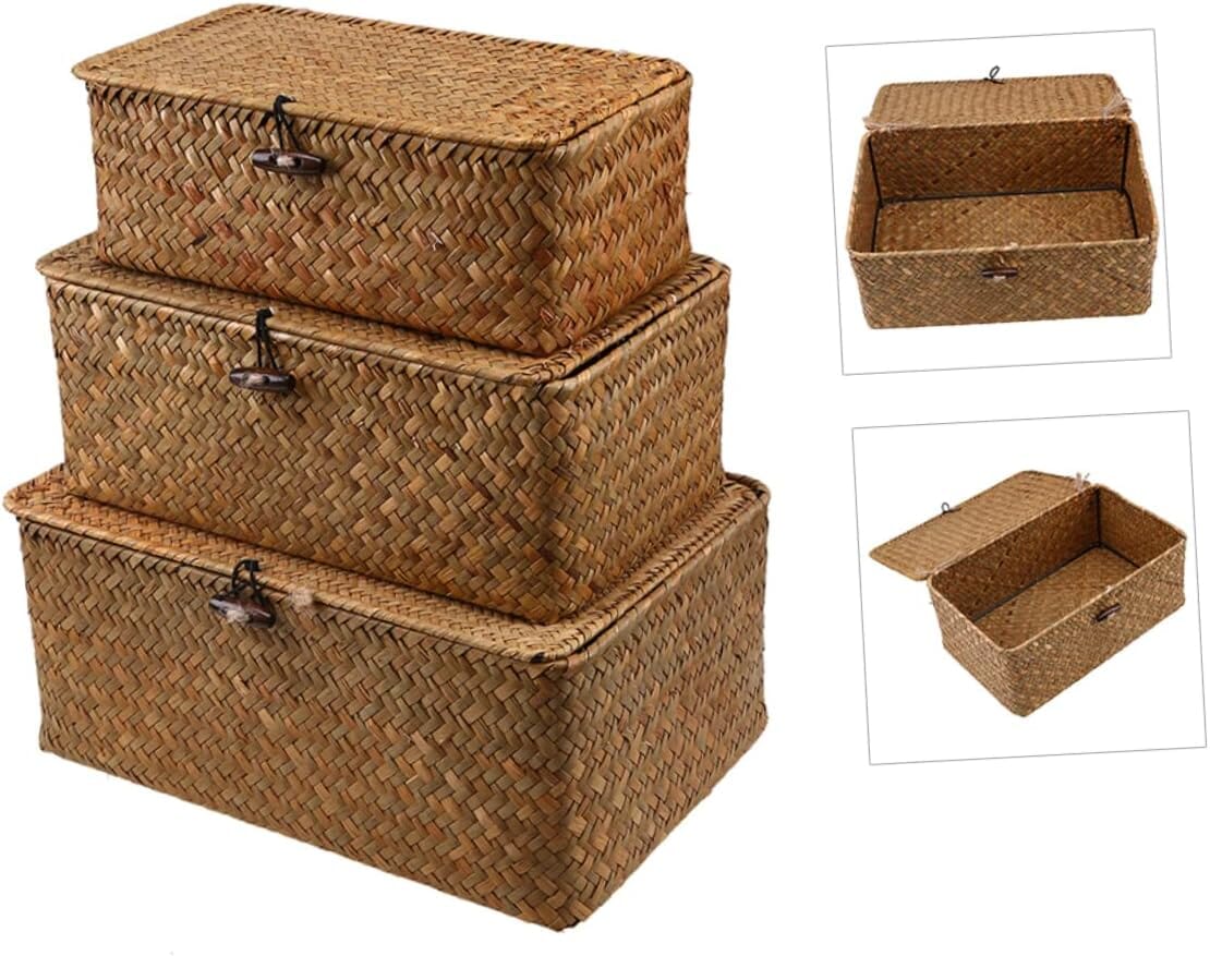 Cesta de Armazenamento Retangular Artesanal com Tampa Cesta de Armazenamento Retangular Artesanal com Tampa Design & Casa