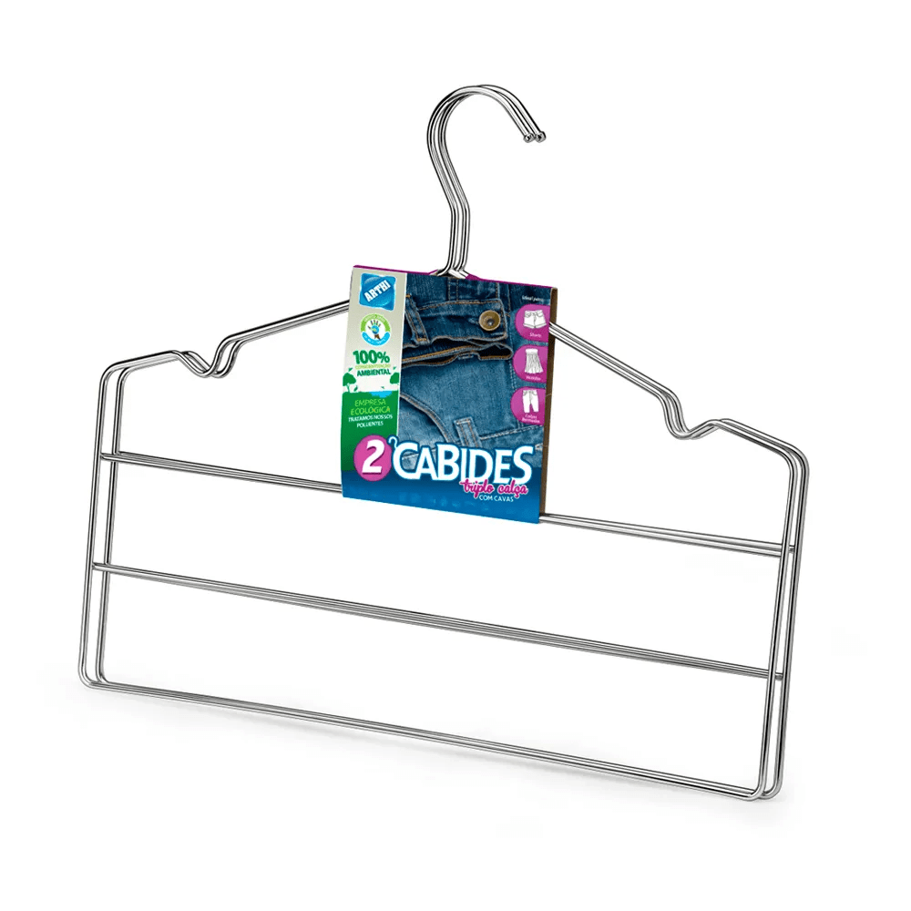 Conjunto 2 Cabides Triplo Com Cavas Cromados Coleção Closet- Conjunto 2 Cabides Triplo Com Cavas Cromados Design & Casa