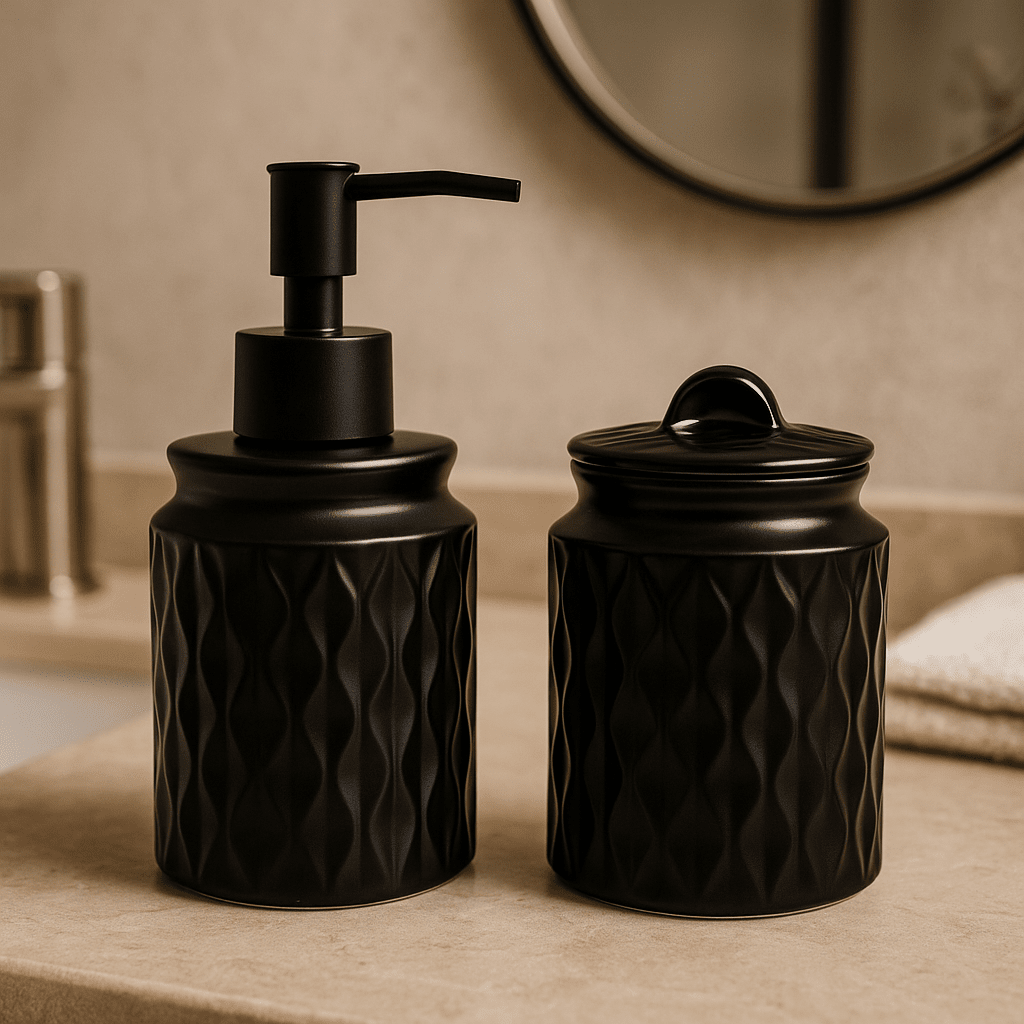 Conjunto 2 Peças para Banheiro de Cerâmica Wave Preto - Wolff Coleção Banheiro- Conjunto 2 Peças para Banheiro de Cerâmica Wave Preto - Wolff Design & Casa