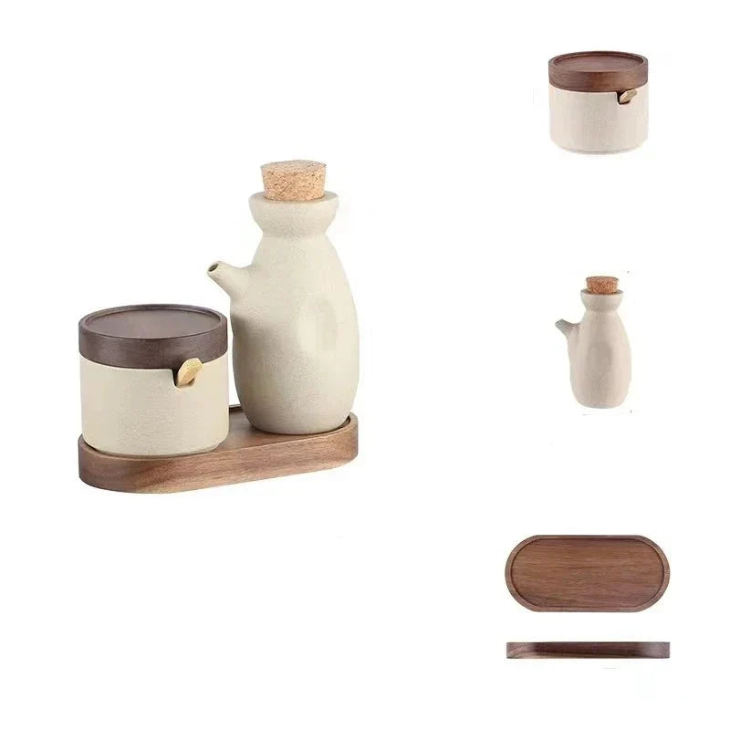 Conjunto De Potes E Porta Azeite De Cerâmica Conjunto De Potes E Porta Azeite De Cerâmica LightHousi Porta Azeite + 1 Pote + Suporte