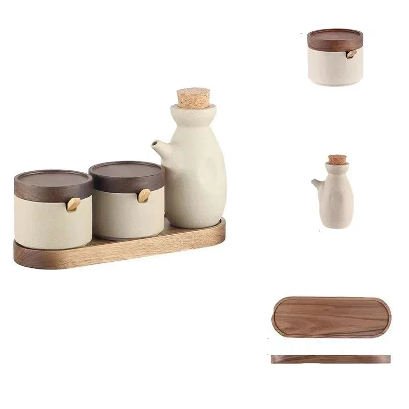 Conjunto De Potes E Porta Azeite De Cerâmica Conjunto De Potes E Porta Azeite De Cerâmica LightHousi Porta Azeite + 2 Potes + Suporte