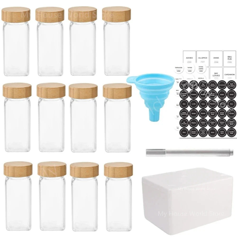 Conjunto De Potes Para Temperos De Vidro Com Tampa De Bambu Conjunto De Potes Para Temperos De Vidro Com Tampa De Bambu LightHousi 12 Potes+ Funil + Etiqueta + Marcador