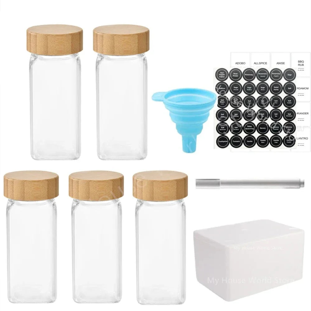 Conjunto De Potes Para Temperos De Vidro Com Tampa De Bambu Conjunto De Potes Para Temperos De Vidro Com Tampa De Bambu LightHousi