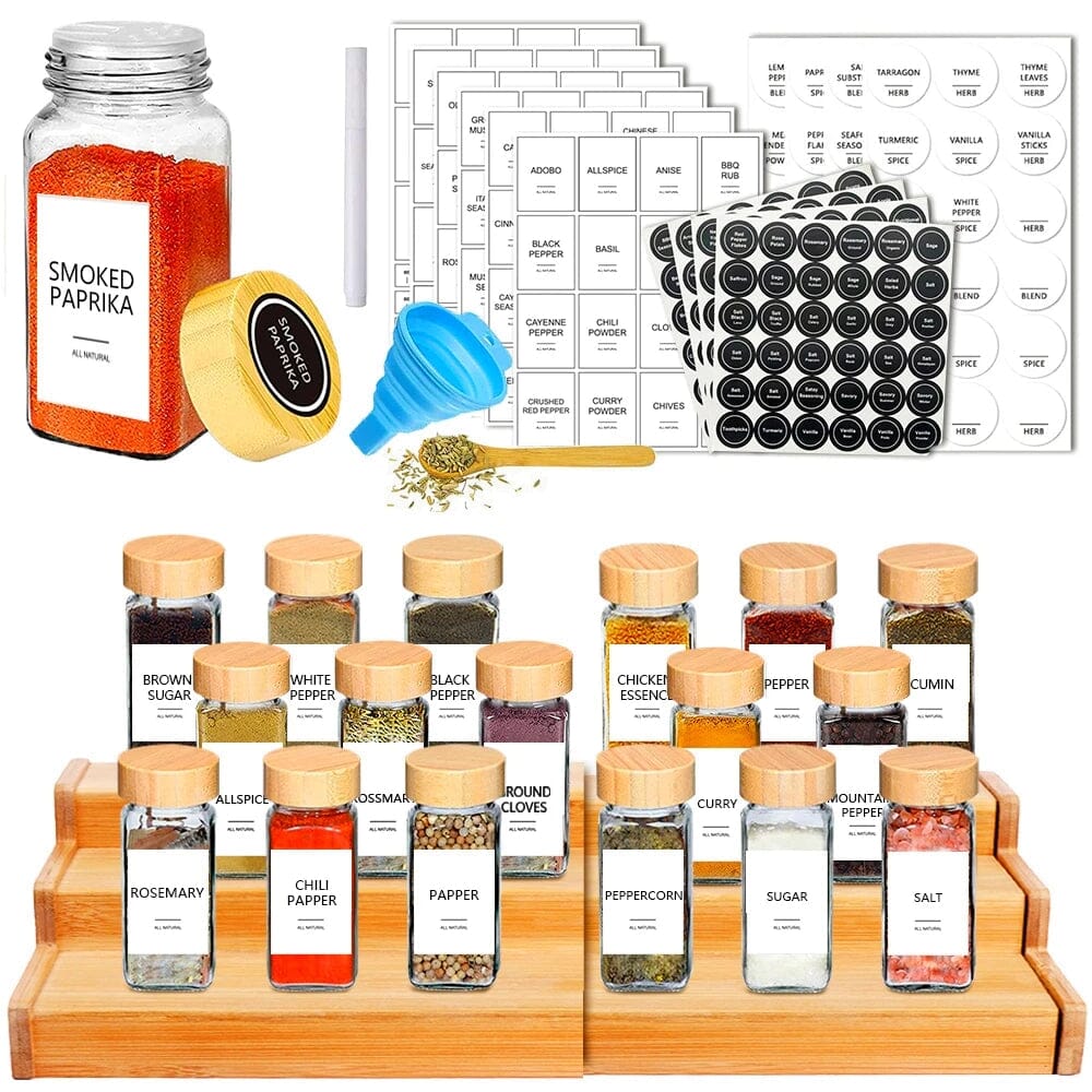 Conjunto De Potes Para Temperos De Vidro Com Tampa De Bambu Conjunto De Potes Para Temperos De Vidro Com Tampa De Bambu LightHousi