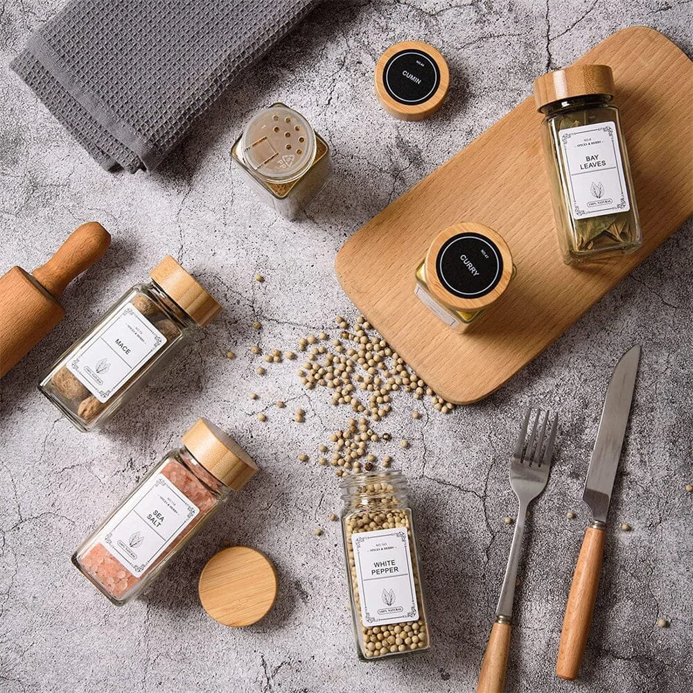 Conjunto De Potes Para Temperos De Vidro Com Tampa De Bambu Conjunto De Potes Para Temperos De Vidro Com Tampa De Bambu LightHousi