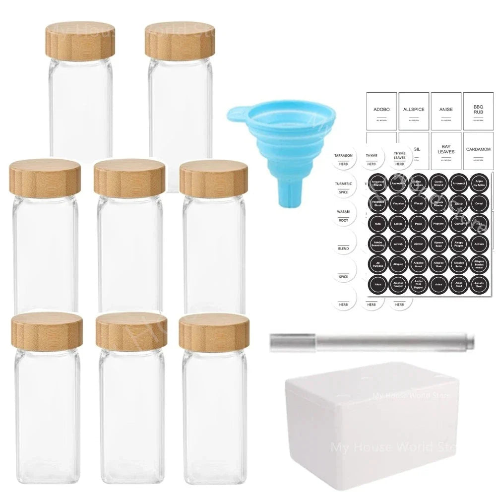 Conjunto De Potes Para Temperos De Vidro Com Tampa De Bambu Conjunto De Potes Para Temperos De Vidro Com Tampa De Bambu LightHousi 8 Potes+ Funil + Etiqueta + Marcador