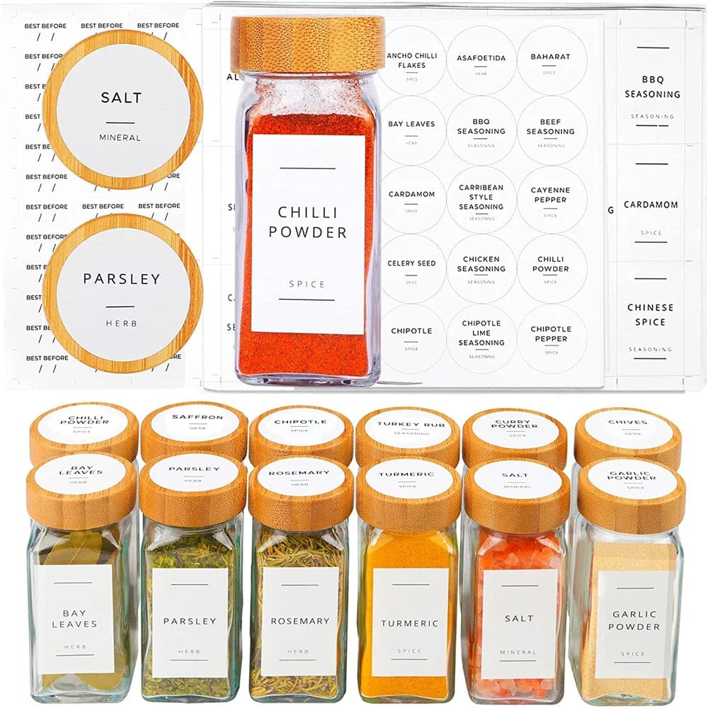 Conjunto De Potes Para Temperos De Vidro Com Tampa De Bambu Conjunto De Potes Para Temperos De Vidro Com Tampa De Bambu LightHousi