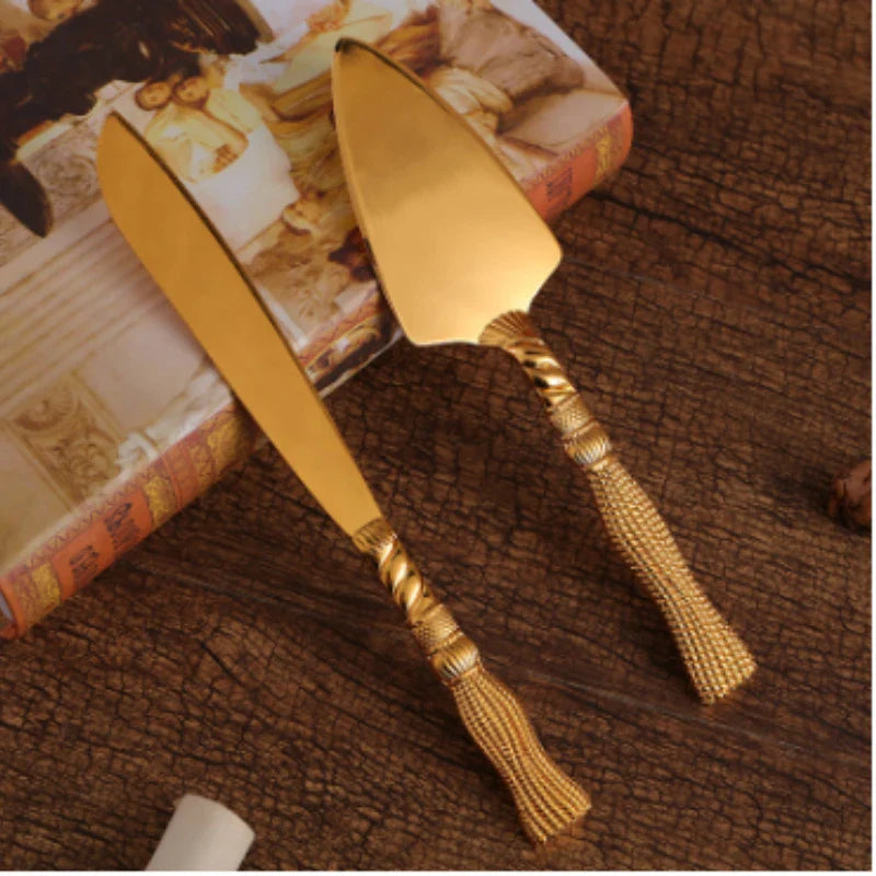 Conjunto Espátula e Cortador De Bolo de Metal Dourado Conjunto Espatula e Cortador De Bolo de Metal Dourado LightHousi