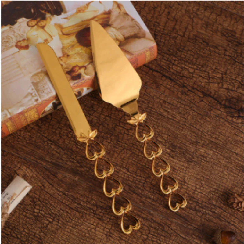 Conjunto Espátula e Cortador De Bolo de Metal Dourado Conjunto Espatula e Cortador De Bolo de Metal Dourado LightHousi