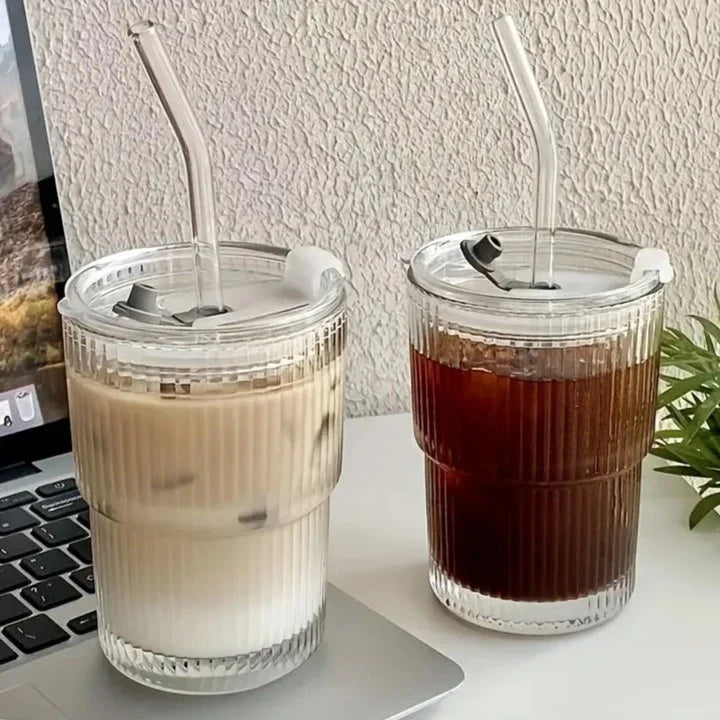 Copo De Vidro Transparente Com Tampa e Canudo 500ml Copo De Vidro Transparente Com Tampa e Canudo 500ml LightHousi