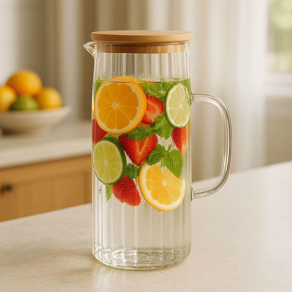 Jarra de Vidro Borossilicato com Tampa em Bambu 1,2L - Wolff Coleção Mesa Posta> Jarra-Jarra de Vidro Borossilicato com Tampa em Bambu 1,2L - Wolff Design & Casa