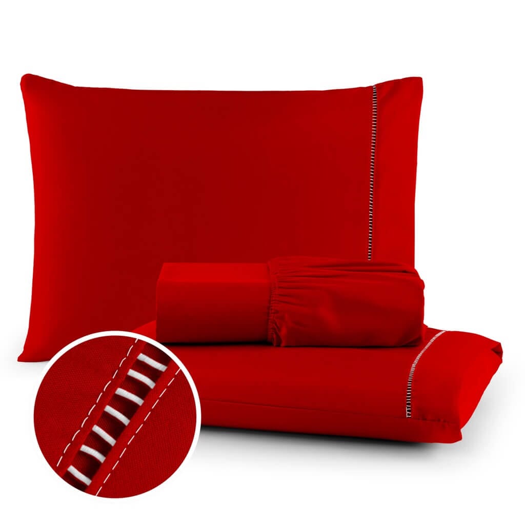 Jogo de Lençol 03 Peças 400 Fios Micropercal Ponto Palito Jogo de Lençol 03 Peças 400 Fios Micropercal Ponto Palito Design & Casa Vermelho Solteiro