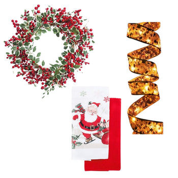 Kit 2x Natal Aramada com LED Dourada Fita de Natal Aramada com LED - Coleção Natal Design & Casa Fita de Natal Aramada + Guirlanda para Porta + Pano de Prato Natalino