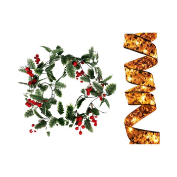 Kit 2x Natal Aramada com LED Dourada Fita de Natal Aramada com LED - Coleção Natal Design & Casa Fita de Natal Aramadas + Guirlanda com Pisca em LLED