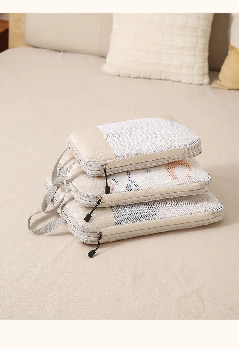 Kit 3 Organizadores de Mala Compressível com Tecido Respirável Coleção Organizadores para Viagem- Kit 3 Organizadores de Mala em Design Compressível para Viagem Tecido Respirável Design & Casa