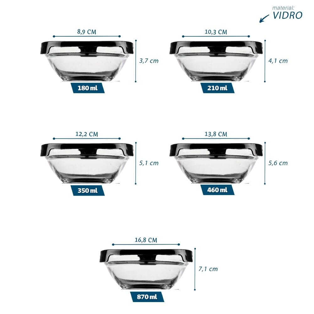 Kit 5 Potes de Vidro com Tampa Preta Kit 5 Potes de Vidro com Tampa Preta Design & Casa