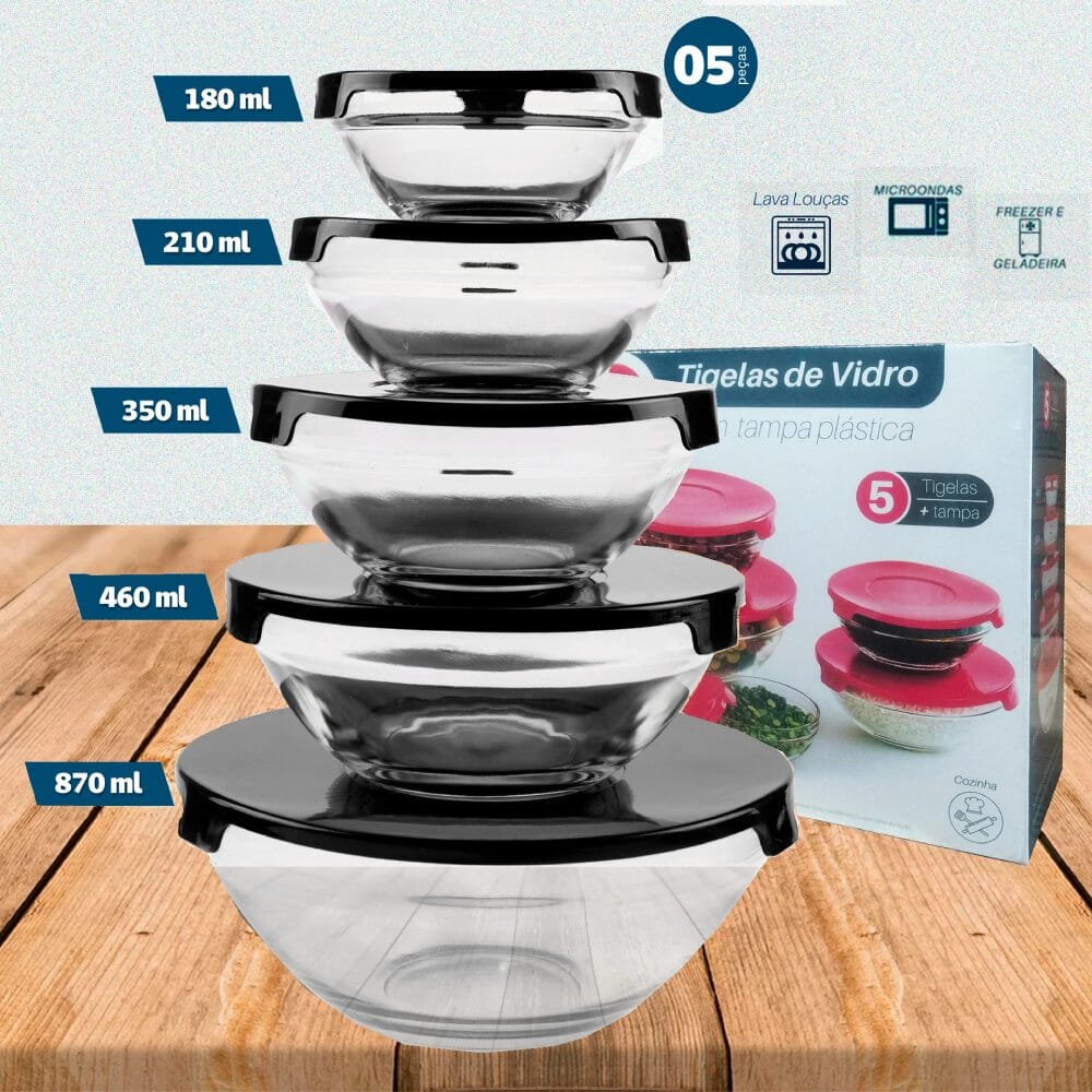 Kit 5 Potes de Vidro com Tampa Preta Kit 5 Potes de Vidro com Tampa Preta Design & Casa