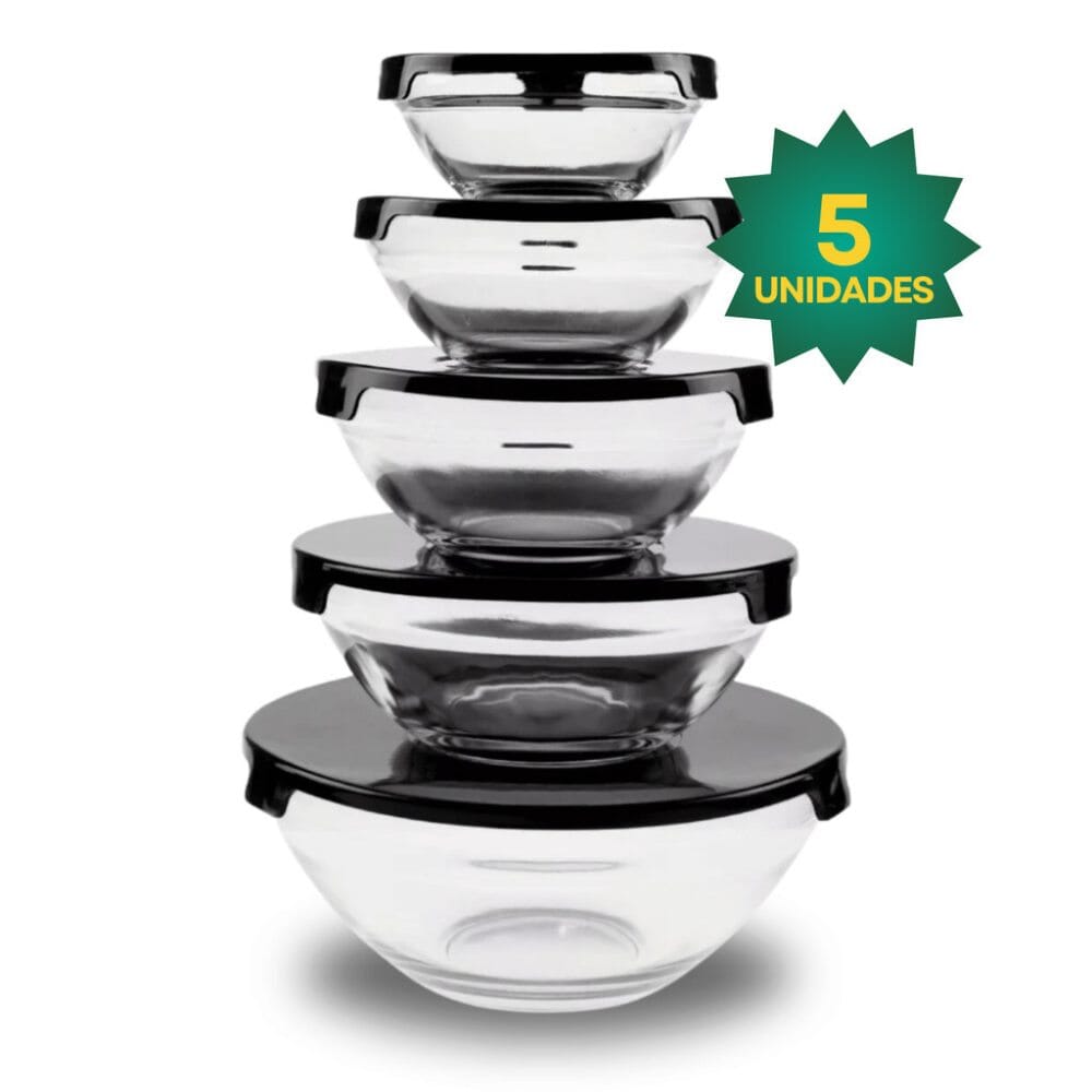 Kit 5 Potes de Vidro com Tampa Preta Kit 5 Potes de Vidro com Tampa Preta Design & Casa Preto